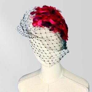 Vintage 60s Red Rose Petals & Tulle Veiled Burdcage Fascinator Hat